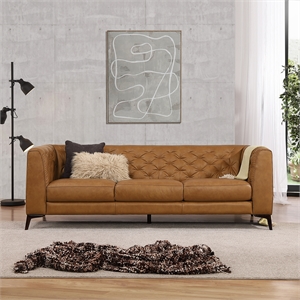 Omax Decor Havana 90&quot Mid Century Modern Tufted Genuine Leather Sofa in Tan