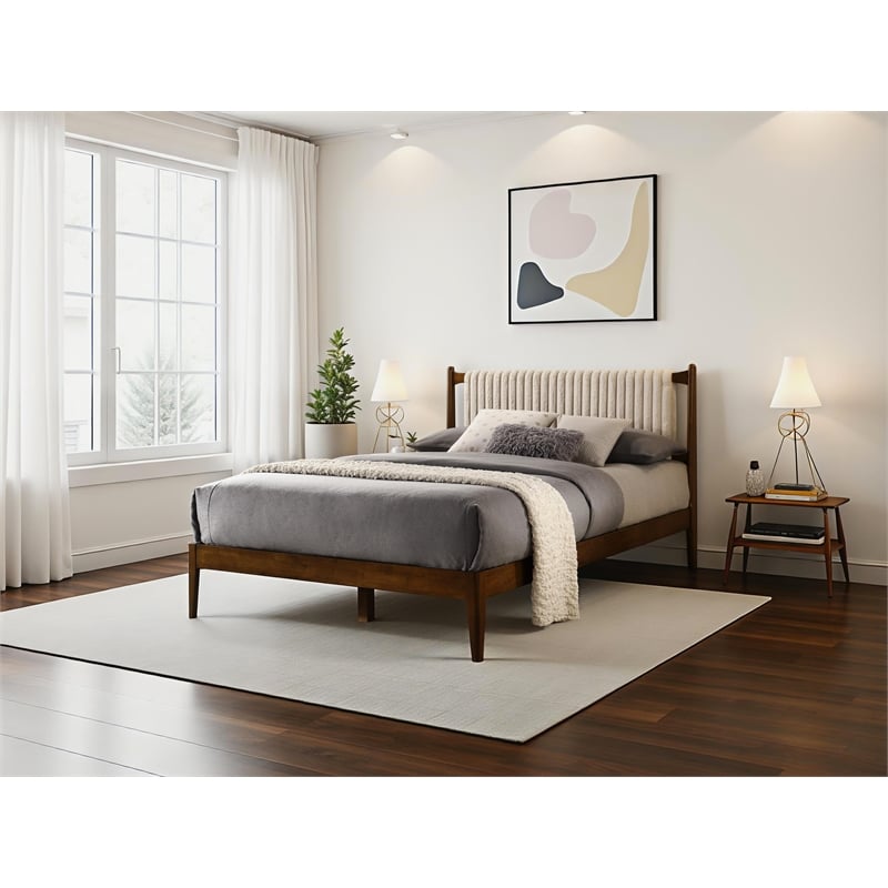 Omax Decor Ella Wooden Queen size Platform Bed in Walnut and Beige