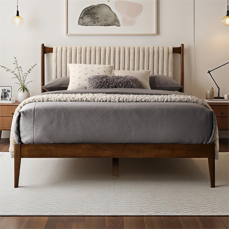 Omax Decor Ella Wooden Queen size Platform Bed in Walnut and Beige