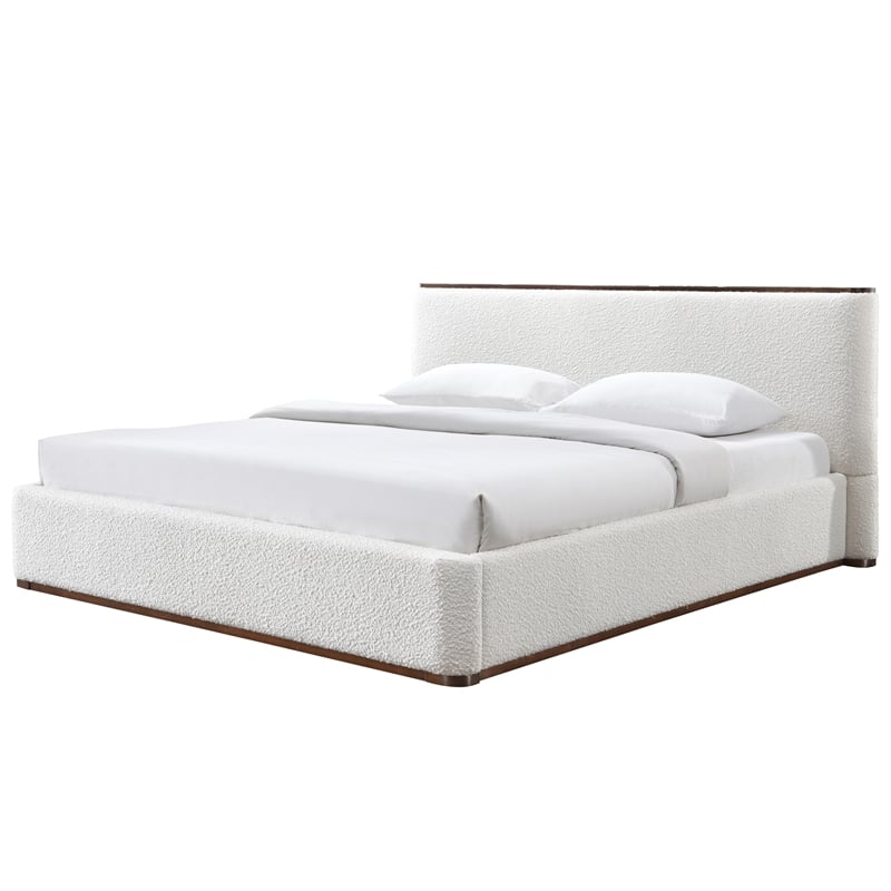 Omax Decor Aspen Upholstered Platform King Bed in White Cream Boucle Fabric