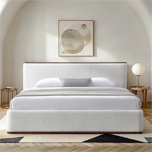 Omax Decor Aspen Upholstered Platform King Bed in White Cream Boucle Fabric