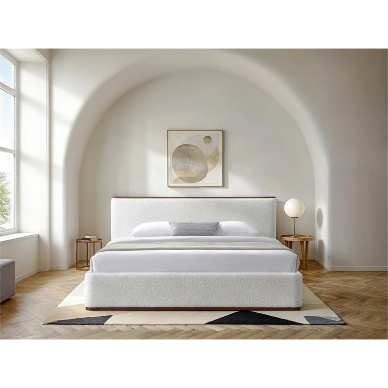 Omax Decor Aspen Upholstered Platform King Bed in White Cream Boucle Fabric