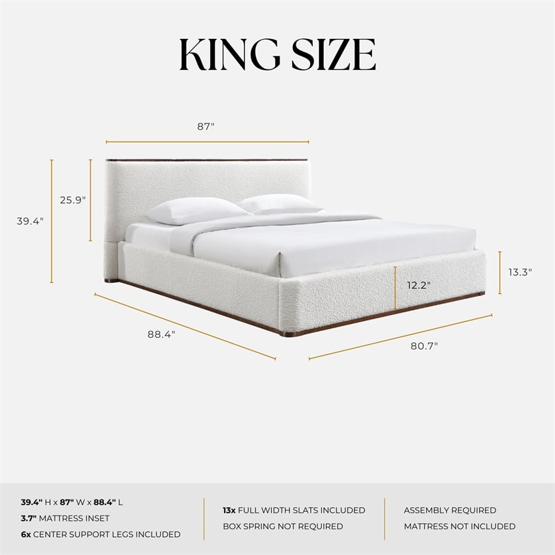 Omax Decor Aspen Upholstered Platform King Bed in White Cream Boucle Fabric