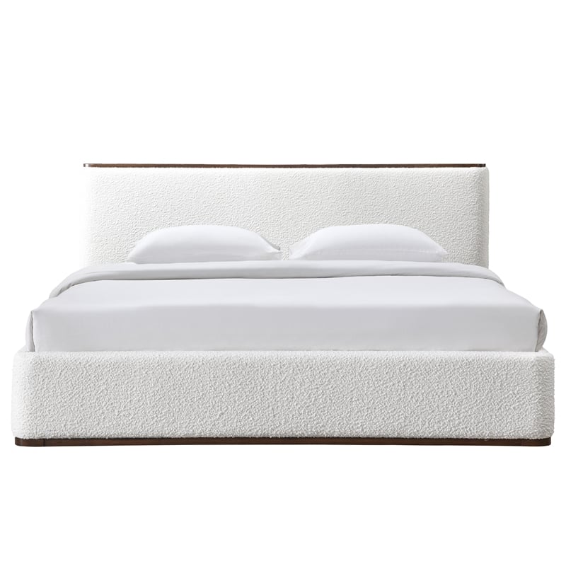Omax Decor Aspen Upholstered Platform King Bed in White Cream Boucle Fabric