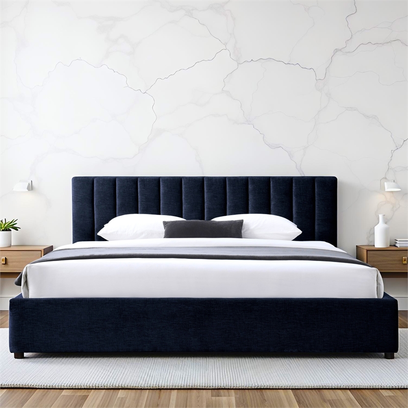 Omax Decor Jaxon Upholstered Platform King Bed in Blue Fabric