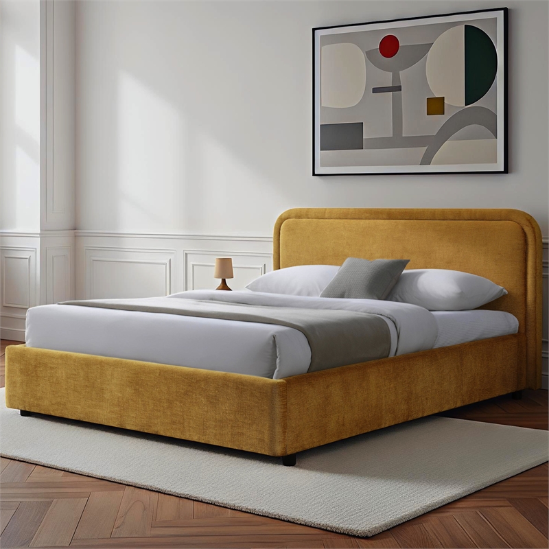 Omax Decor Chloe Fabric Upholstered Platform Queen Bed in Gold