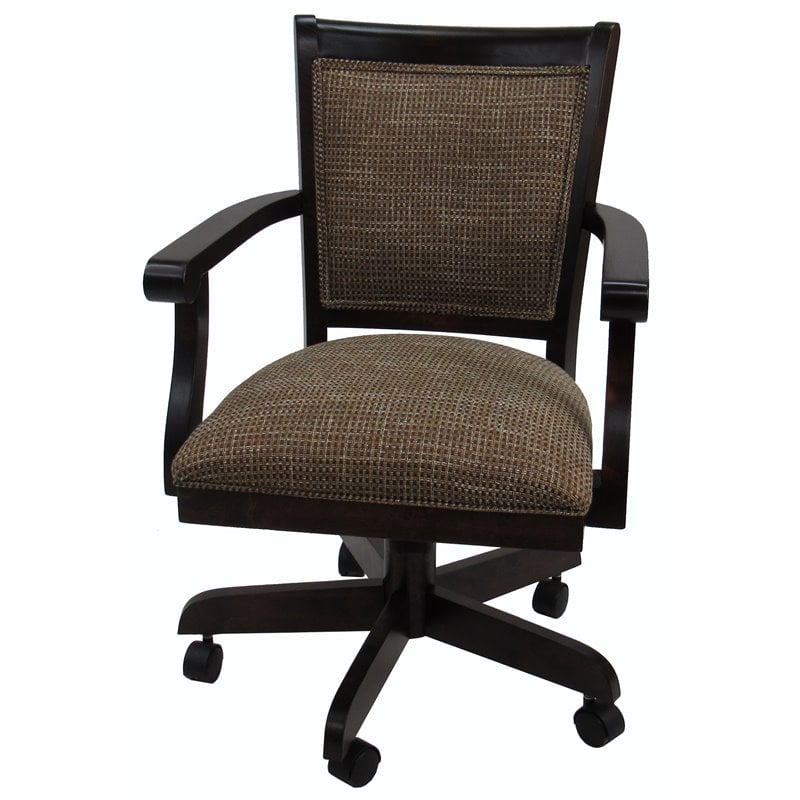 Swivel Wood Dining Caster Chair Mango with Wheels in Checkered - Walnut