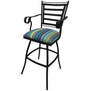 Swivel 30&quot Outdoor Bar Stool - Jenna Arms - Aqua Stripe Fabric - Black Metal