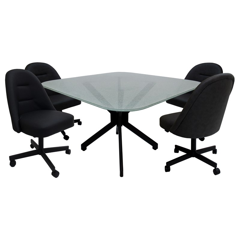 M-235 Dinette Swivel Metal Caster Chairs - Crackle Glass - Black Vinyl - Black