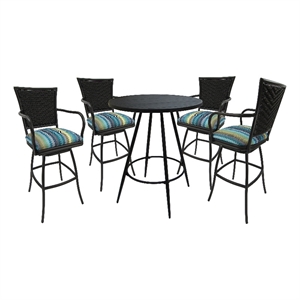 Outdoor/Indoor Pub Set - Erin30&quotStoolwithArms-Aqua Sun Stripe Fabric-Black Frame