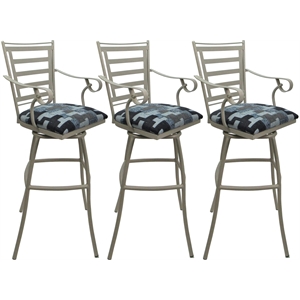 Set of 3 Outdoor Indoor Bar Stool 30&quot - Jenna Arms - Flint Fabric - Beige