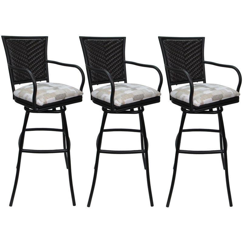 Set of 3 Outdoor Indoor Bar Stools - Erin Arms - Craftsman White Fabric - Black