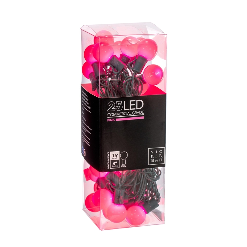 Vickerman 16' Opaque Ceramic G30 LED Christmas Light Set in Pink