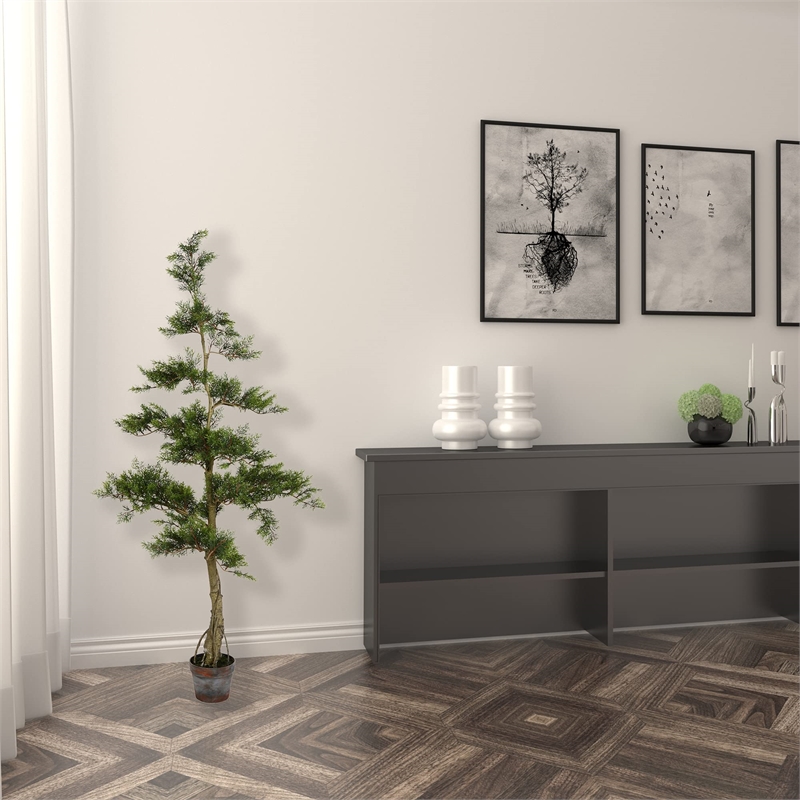 Vickerman 5' Fabric Artificial Cedar Tree with Planters Pot in Green