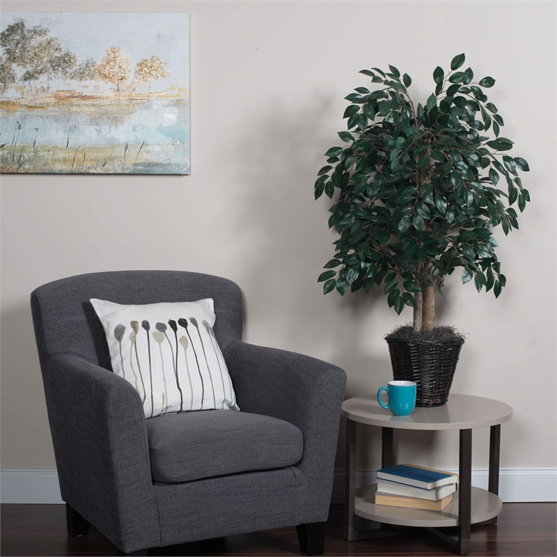 Vickerman 4' Artificial Sakaki Bush with Rattan Basket in Dark Green