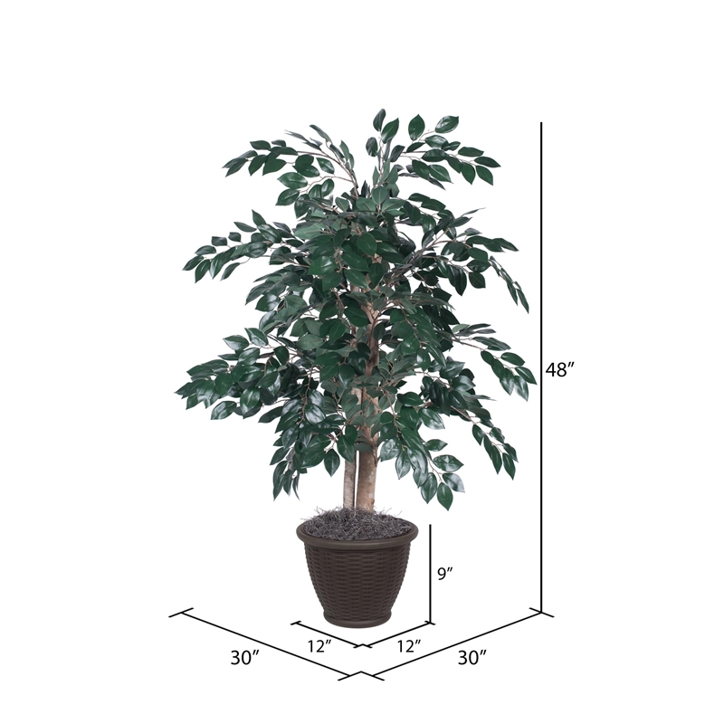 Vickerman 4' Artificial Sakaki Bush with Rattan Basket in Dark Green