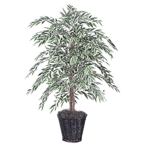 Vickerman 4' Artificial Variegated Smilax Bush with Rattan Basket in Green/White