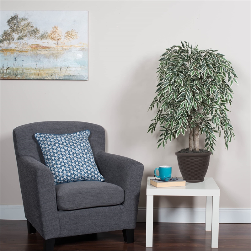 Vickerman 4' Artificial Variegated Smilax Bush with Rattan Basket in Green/White