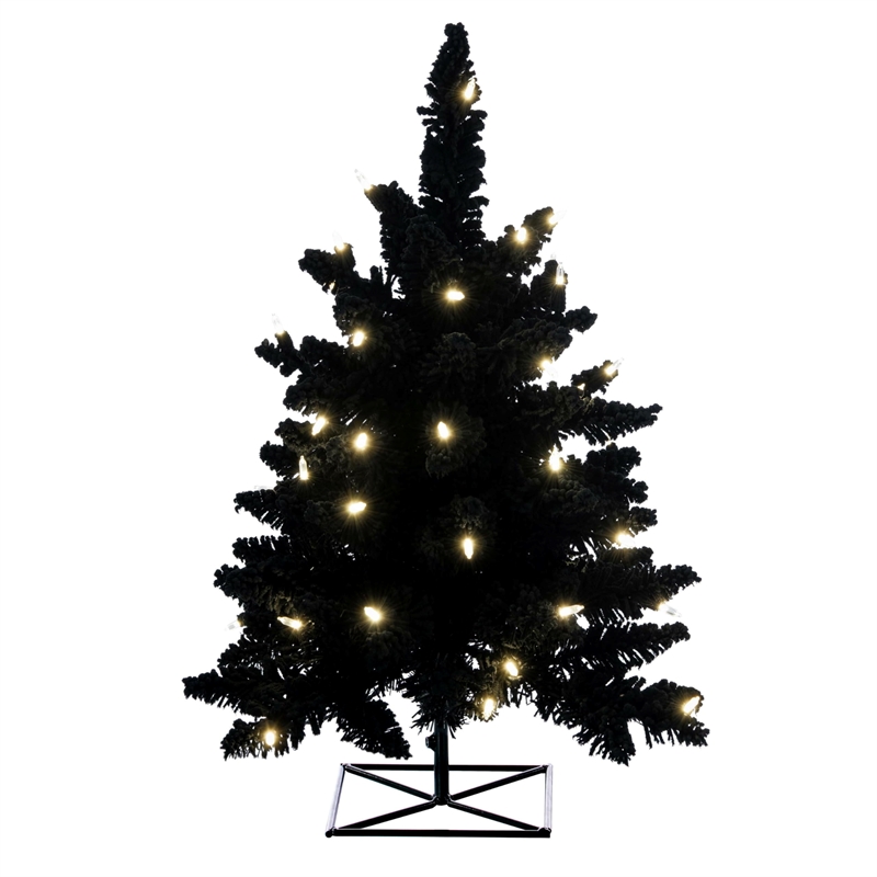 Vickerman 3' Flocked Black Fir Artificial Tree. Warm White LED Mini Lights