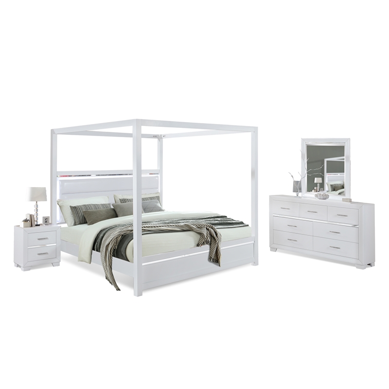 Bella Esprit 4-piece Wood Canopy Queen Bedroom Set with LED Lighting in White