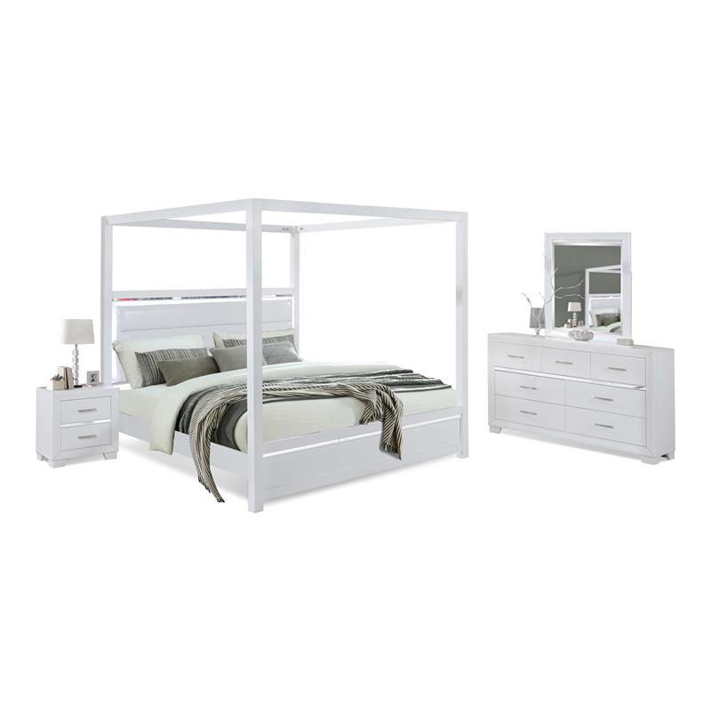Bella Esprit 4-piece Wood Canopy Queen Bedroom Set with LED Lighting in White
