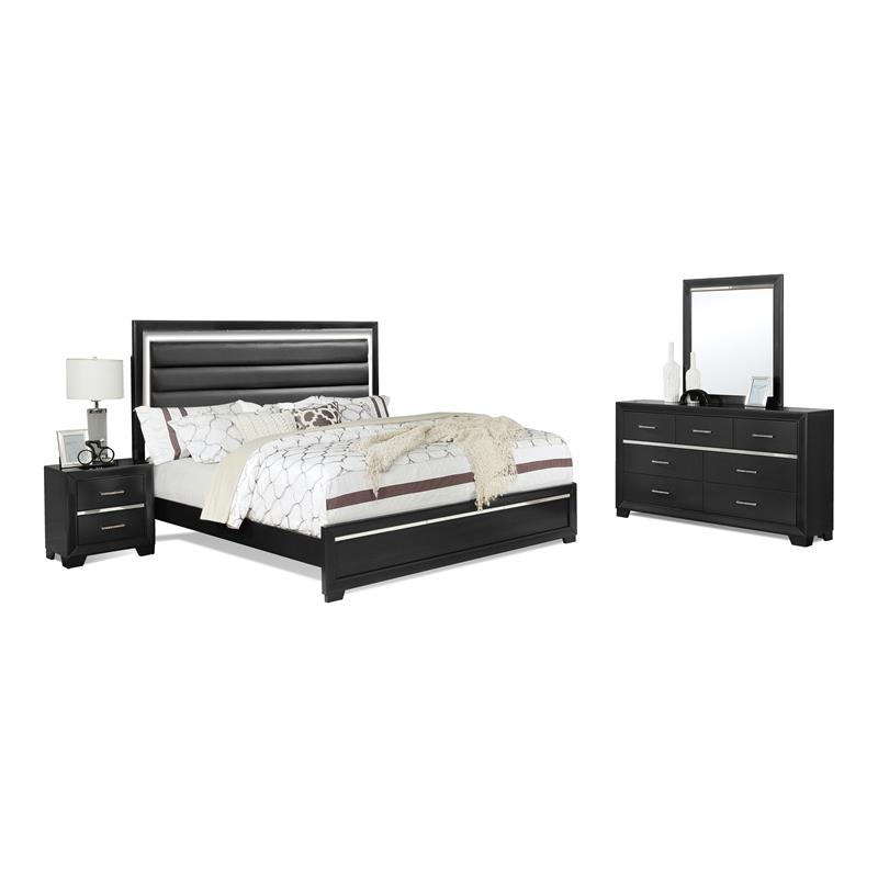 Bella Esprit 4-piece Wood/Faux Leather Bedroom Set with LED Lighting in Black