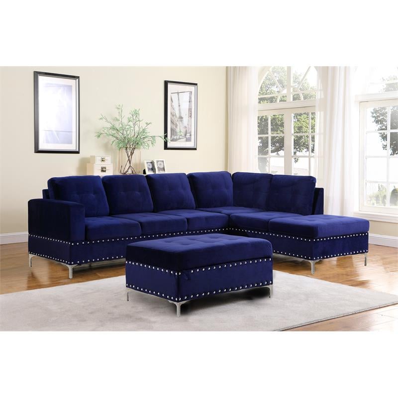 Bella Esprit Velvet Fabric Reversible Sectional with Storage Ottoman in Blue