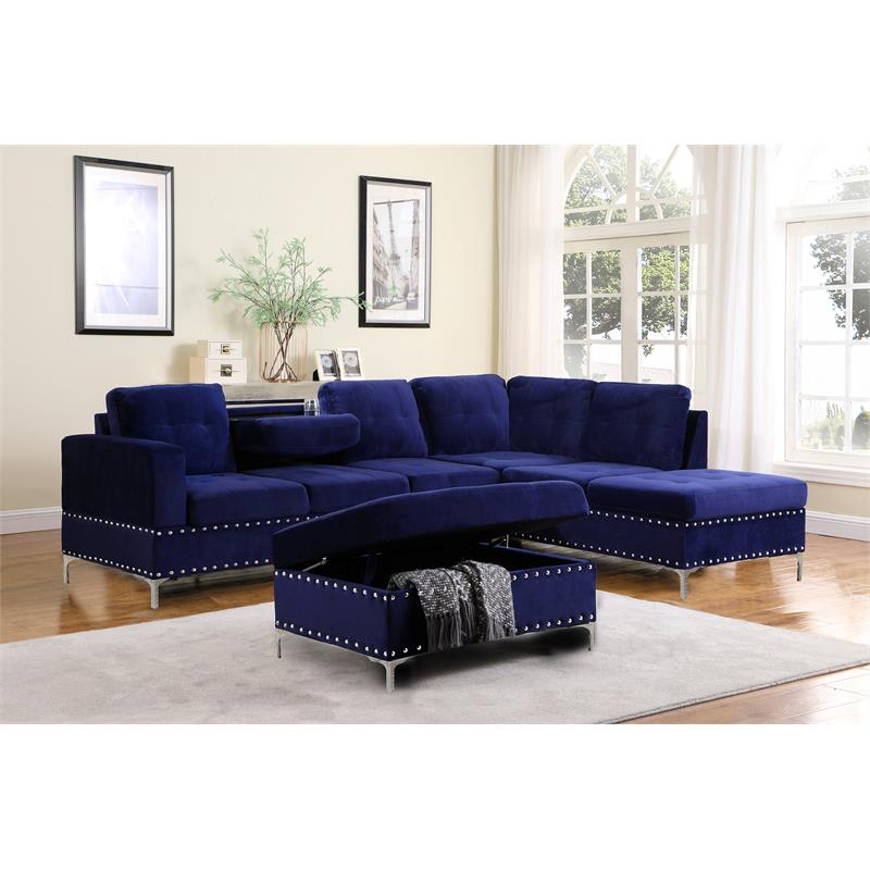 Bella Esprit Velvet Fabric Reversible Sectional with Storage Ottoman in Blue