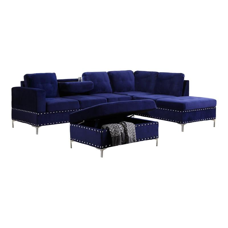 Bella Esprit Velvet Fabric Reversible Sectional with Storage Ottoman in Blue