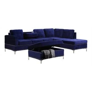 Bella Esprit Velvet Fabric Reversible Sectional with Storage Ottoman in Blue
