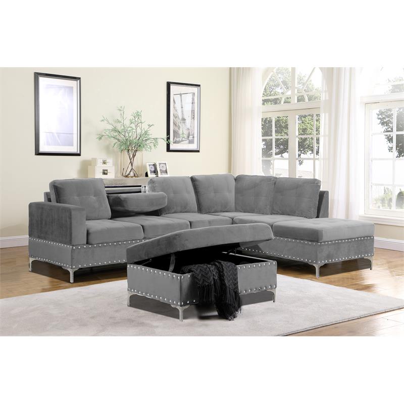 Bella Esprit Velvet Fabric Reversible Sectional with Storage Ottoman in Gray