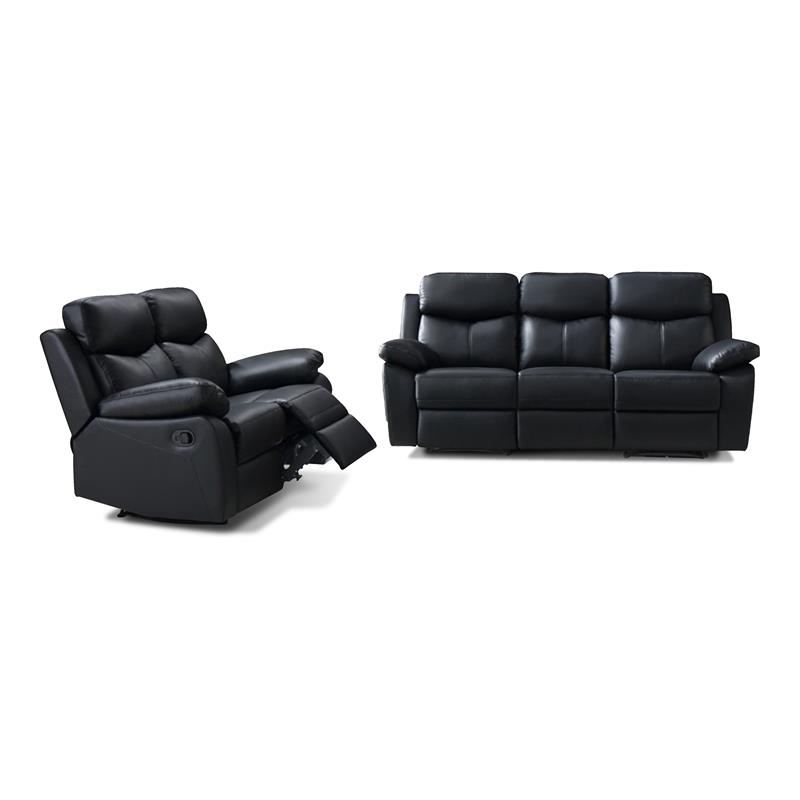 Bella Esprit 2-piece Solid Wood and Genuine Leather Match Sofa Set in Black