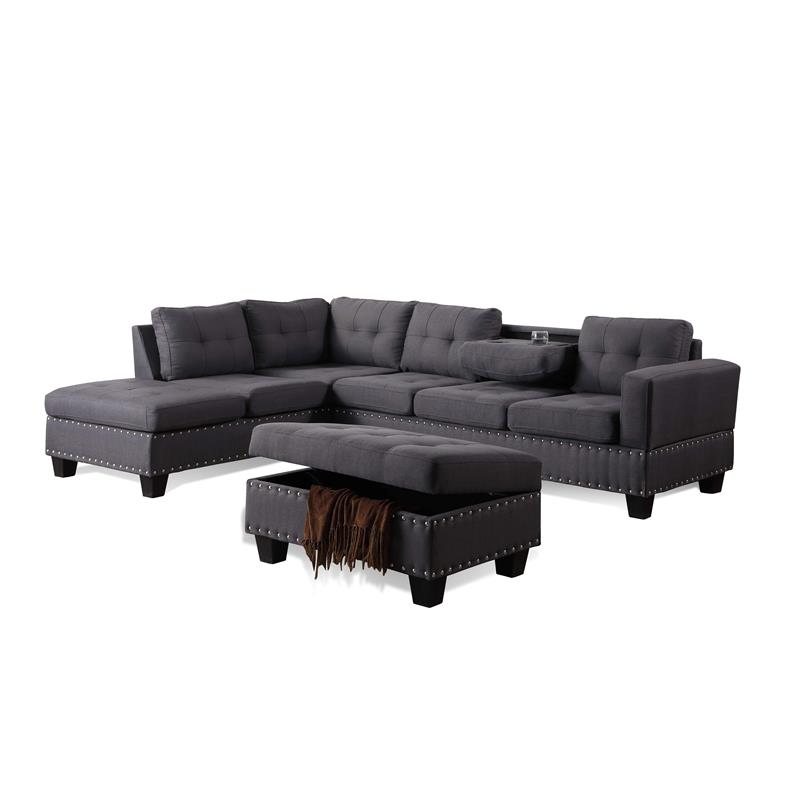 Bella Esprit Woven Fabric Reversible Sectional with Storage Ottoman in Dark Gray