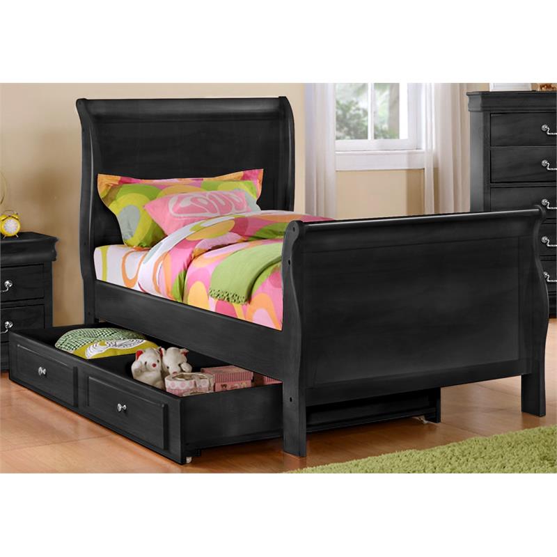 Bella Esprit Solid Wood Twin Sleigh Bed with Twin Trundle in Charcoal