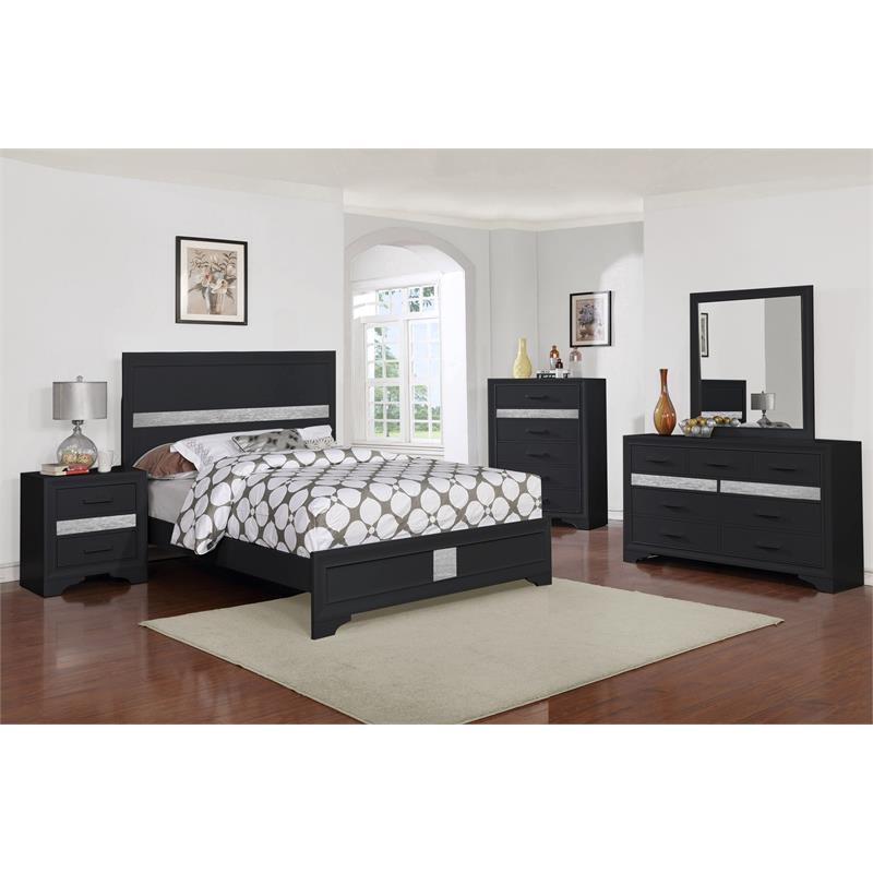 Bella Esprit 5-piece Contemporary Solid Wood Queen Bedroom Set in Black/Silver