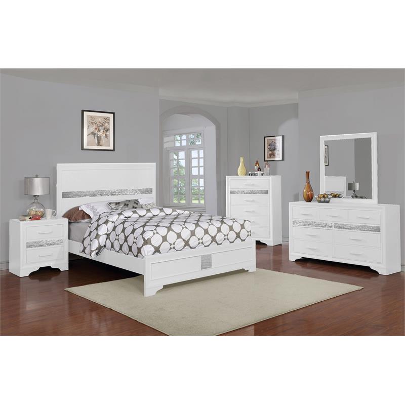 Bella Esprit 5-piece Contemporary Solid Wood Queen Bedroom Set in White/Silver