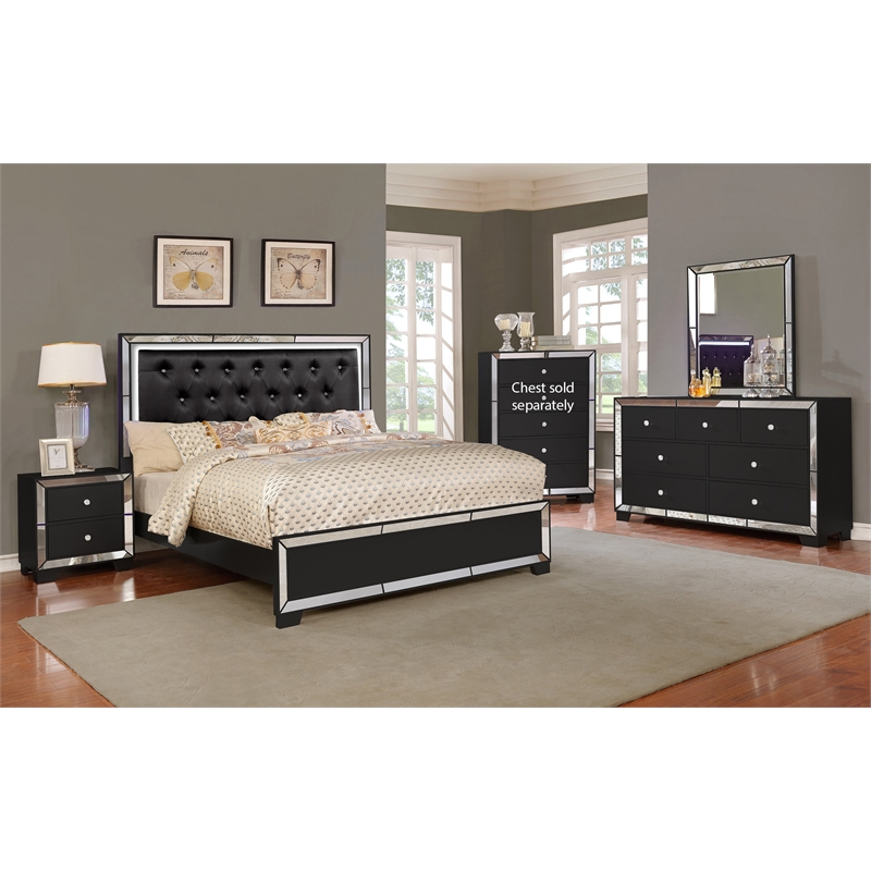Bella Esprit 4-piece Crystal Tufted Wood Bedroom Set with LED lightning in Black
