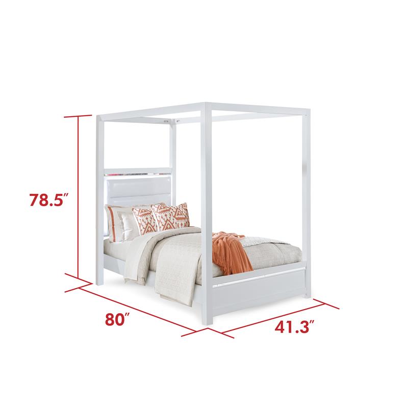 Bella Esprit Solid Wood/Faux Leather Twin Bed Canopy with LED Lighting in White