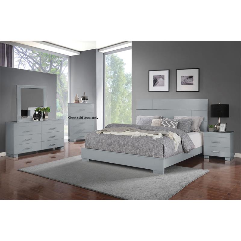 Bella Esprit 4-piece Contemporary Solid Wood Queen Bedroom Set in Glossy Gray
