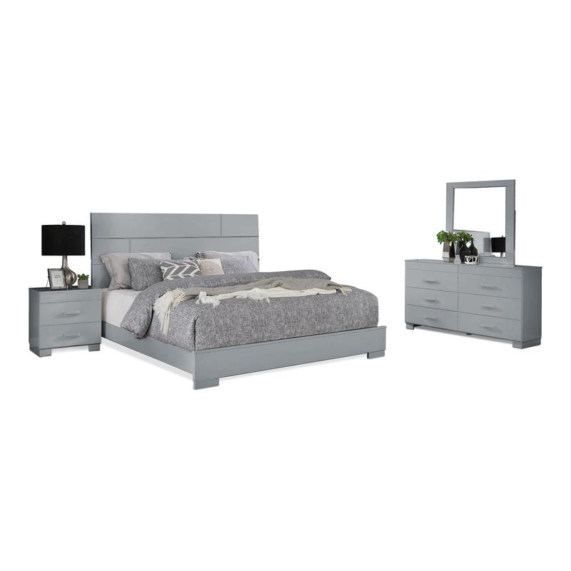 Bella Esprit 4-piece Contemporary Solid Wood Queen Bedroom Set in Glossy Gray