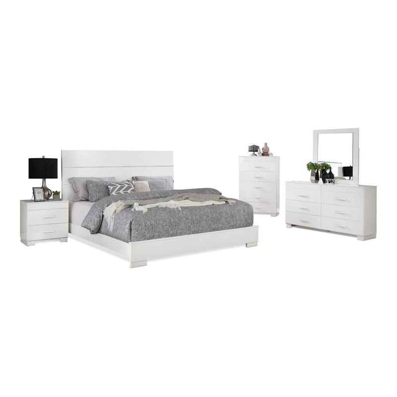 Bella Esprit 5-piece Contemporary Solid Wood Queen Bedroom Set in Glossy White