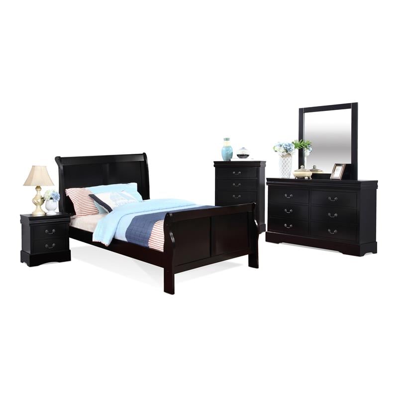 Bella Esprit 5-piece Traditional Solid Wood Full Sleigh Bedroom Set in Black