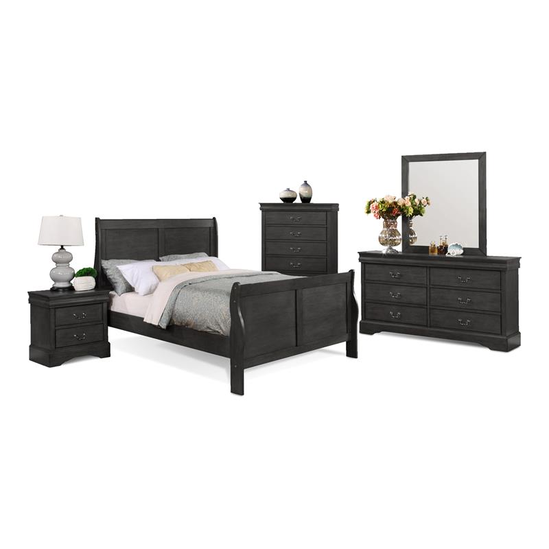 Bella Esprit 5-piece Traditional Solid Wood Full Sleigh Bedroom Set in Charcoal