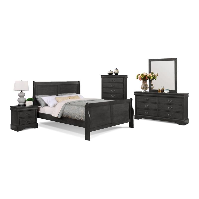 Bella Esprit 5-piece Traditional Solid Wood Queen Sleigh Bedroom Set in Charcoal