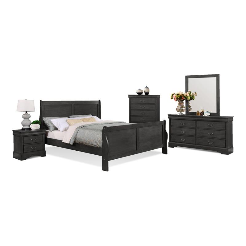 Bella Esprit 5-piece Traditional Solid Wood King Sleigh Bedroom Set in Charcoal