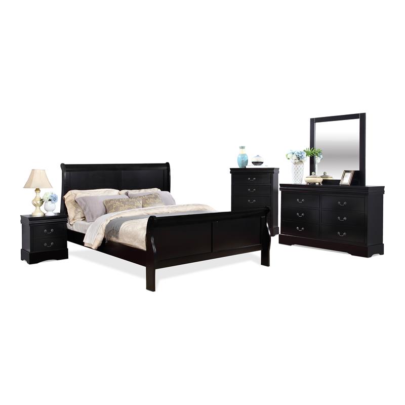 Bella Esprit 5-piece Traditional Solid Wood Queen Sleigh Bedroom Set in Black