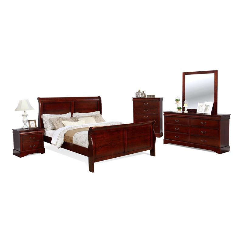 Bella Esprit 5-piece Traditional Solid Wood Queen Sleigh Bedroom Set in Cherry