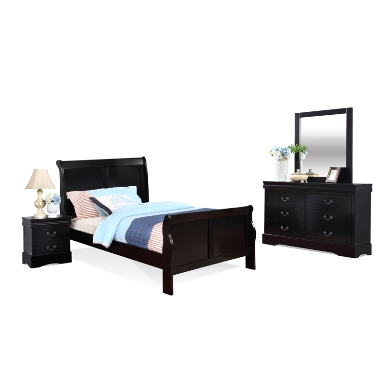 Bella Esprit 4-piece Traditional Solid Wood Full Sleigh Bedroom Set in Black