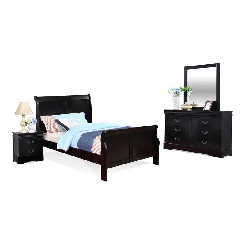 Bella Esprit 4-piece Traditional Solid Wood Full Sleigh Bedroom Set in Black
