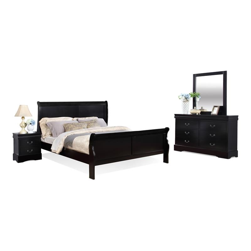 Bella Esprit 4-piece Traditional Solid Wood King Sleigh Bedroom Set in Black